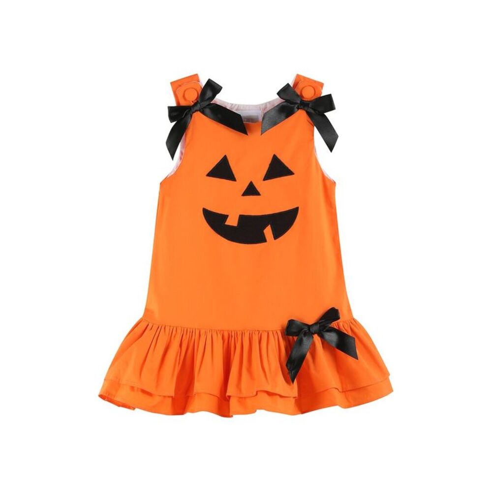 Lil Cactus Girls  Jack-O-Lantern Pumpkin Halloween Ruffle Dress, Orange